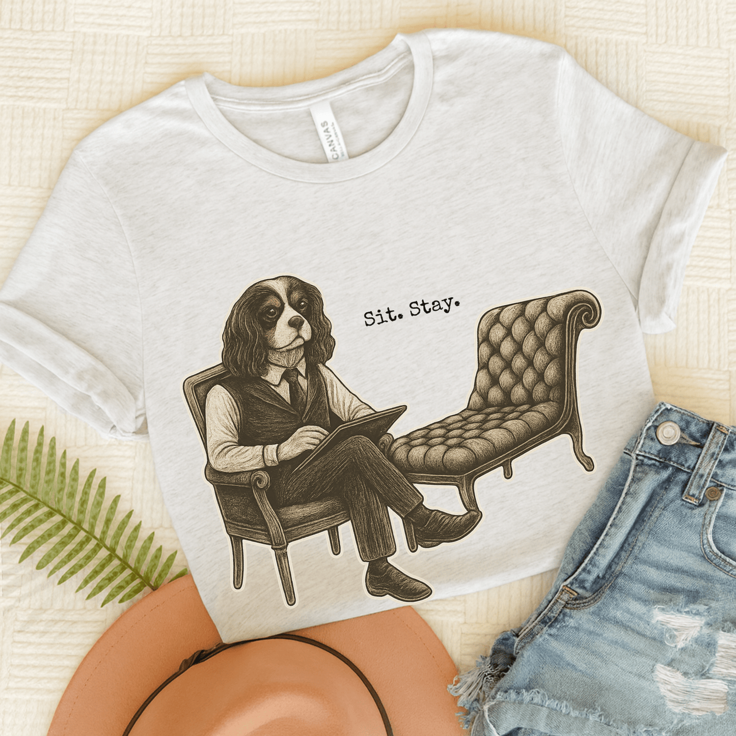 Printify T-Shirt Ash / S Tricolor King Charles Sit Stay TShirt
