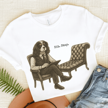 Printify T-Shirt White / S Tricolor King Charles Sit Stay TShirt