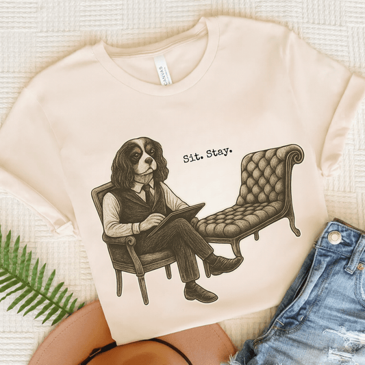 Printify T-Shirt Natural / S Tricolor King Charles Sit Stay TShirt