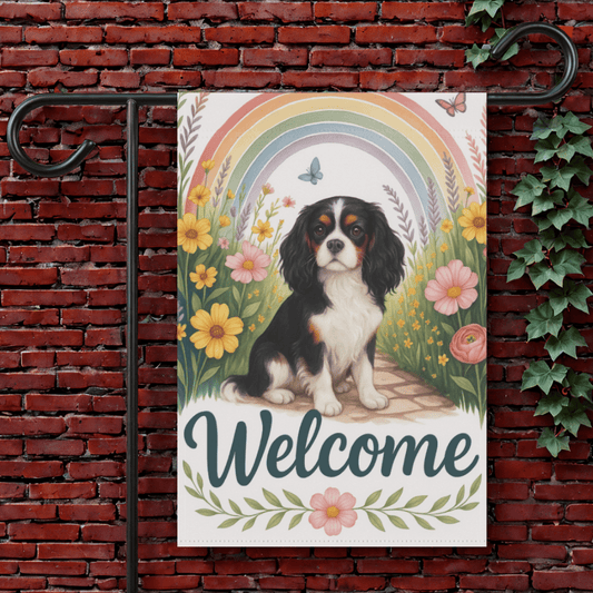 Printify Garden Flag 12'' × 18'' Tricolor King Charles Spaniel Welcome Garden Flag
