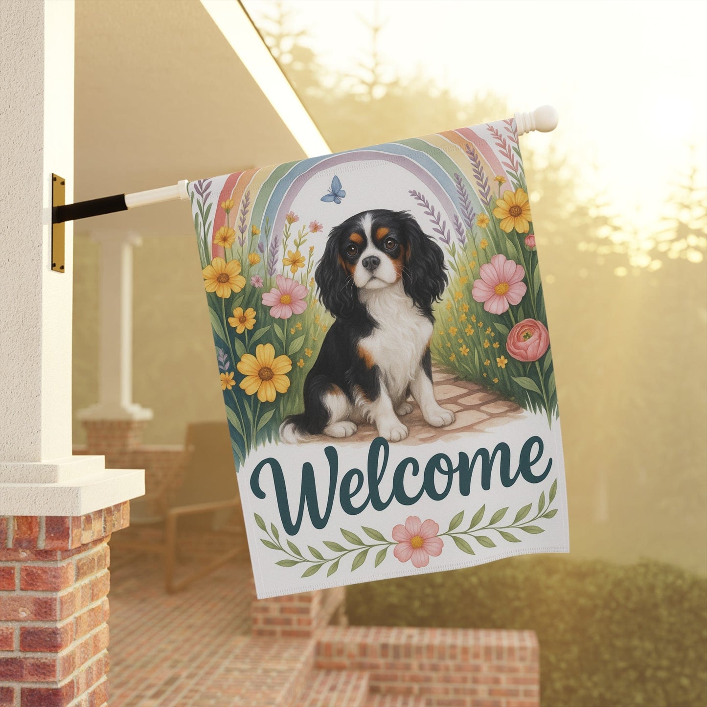 Printify Garden Flag Tricolor King Charles Spaniel Welcome Garden Flag