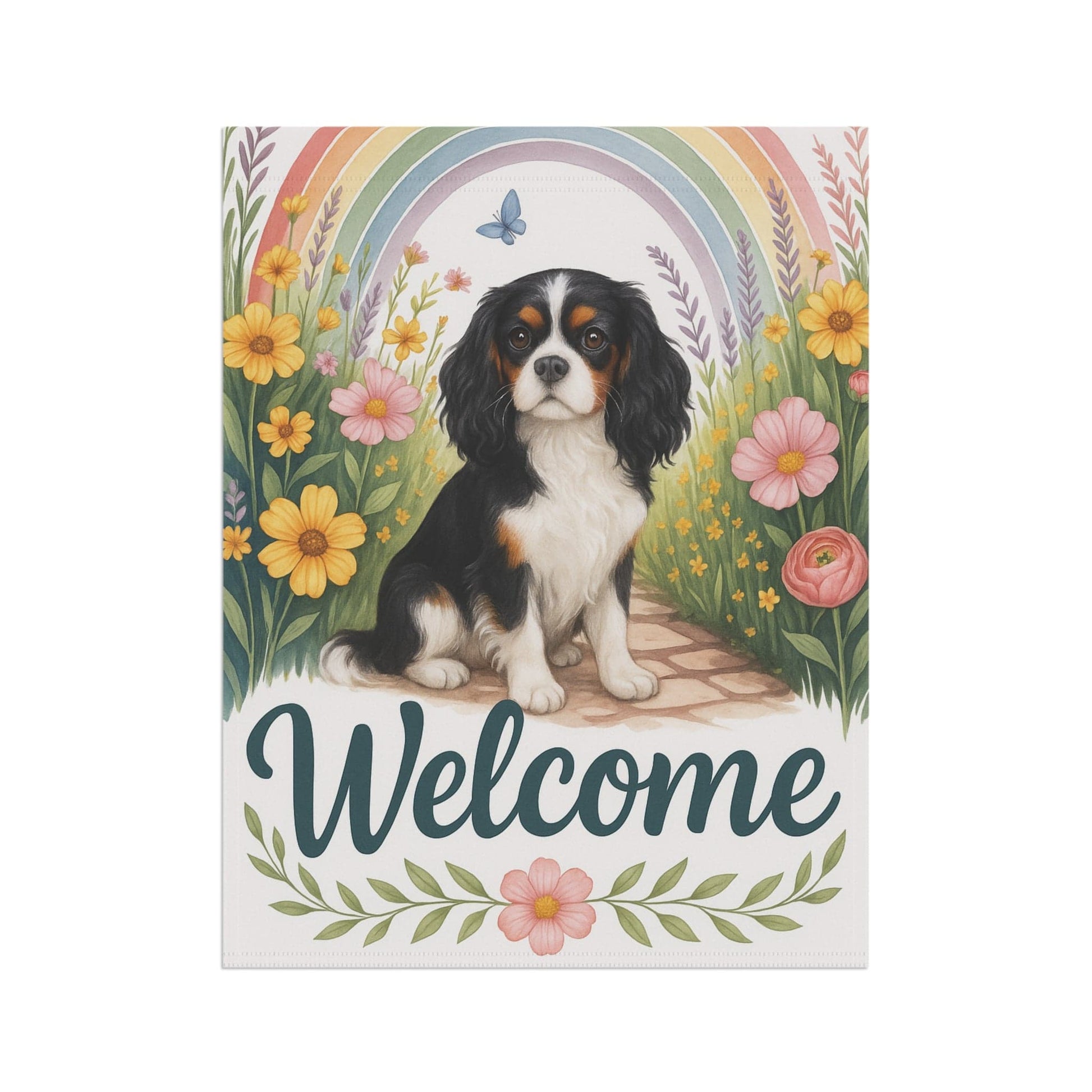 Printify Garden Flag Tricolor King Charles Spaniel Welcome Garden Flag