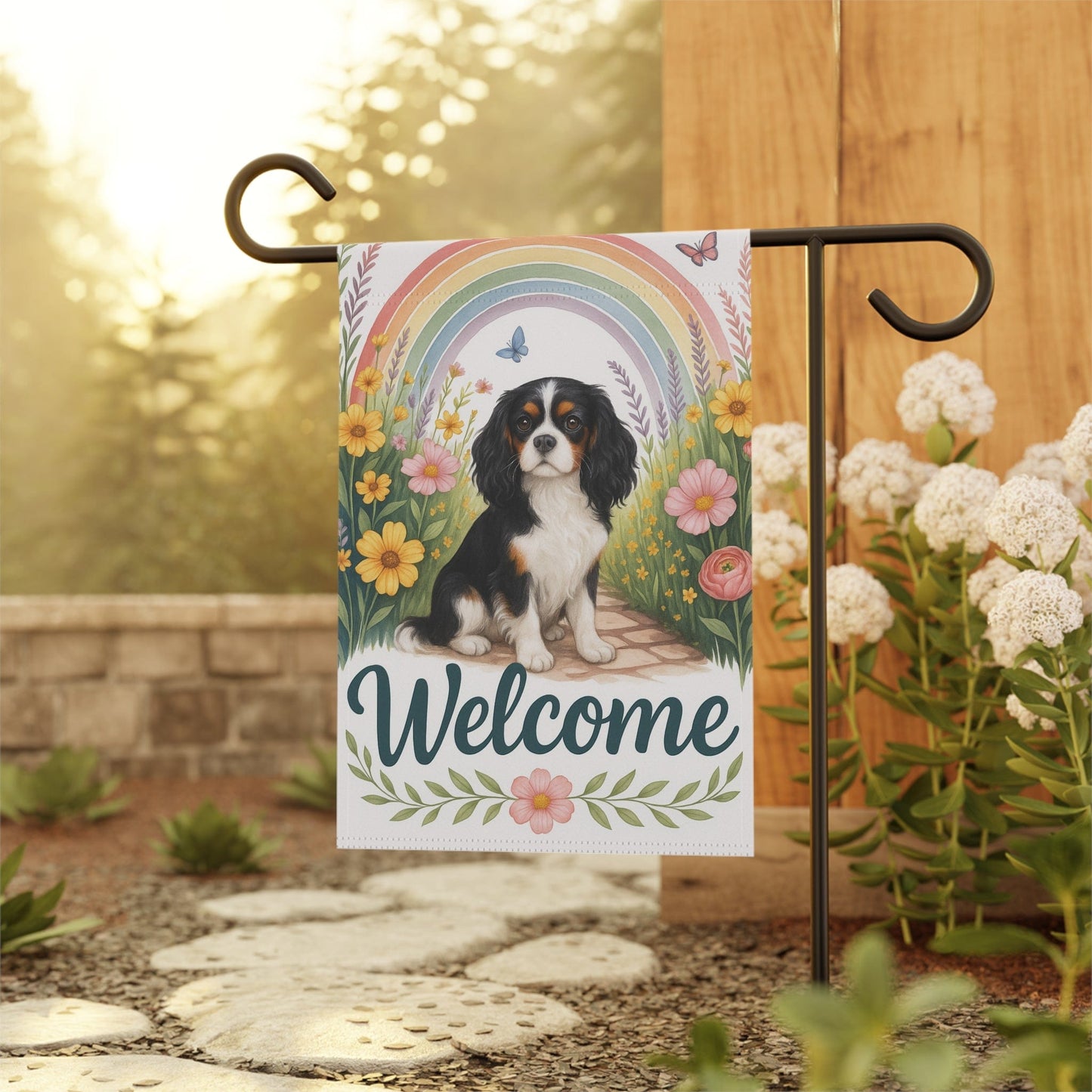 Printify Garden Flag Tricolor King Charles Spaniel Welcome Garden Flag