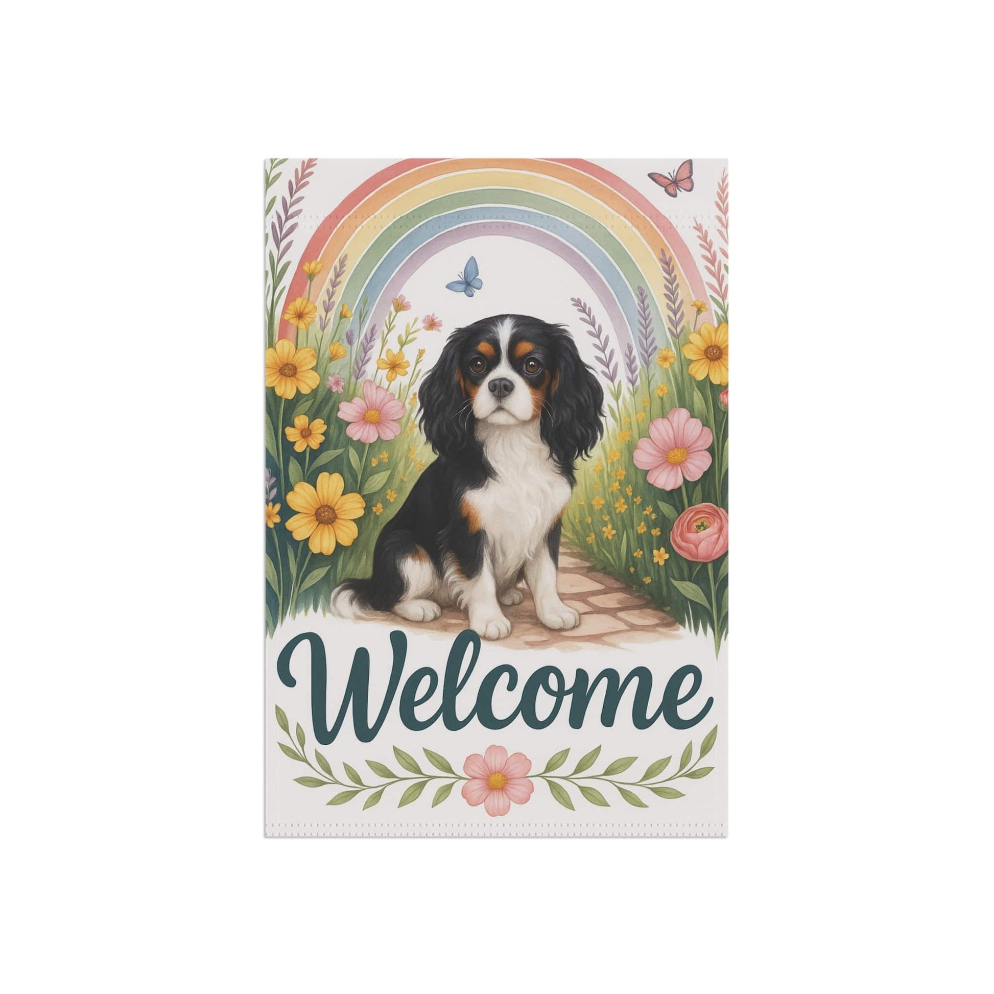 Printify Garden Flag Tricolor King Charles Spaniel Welcome Garden Flag