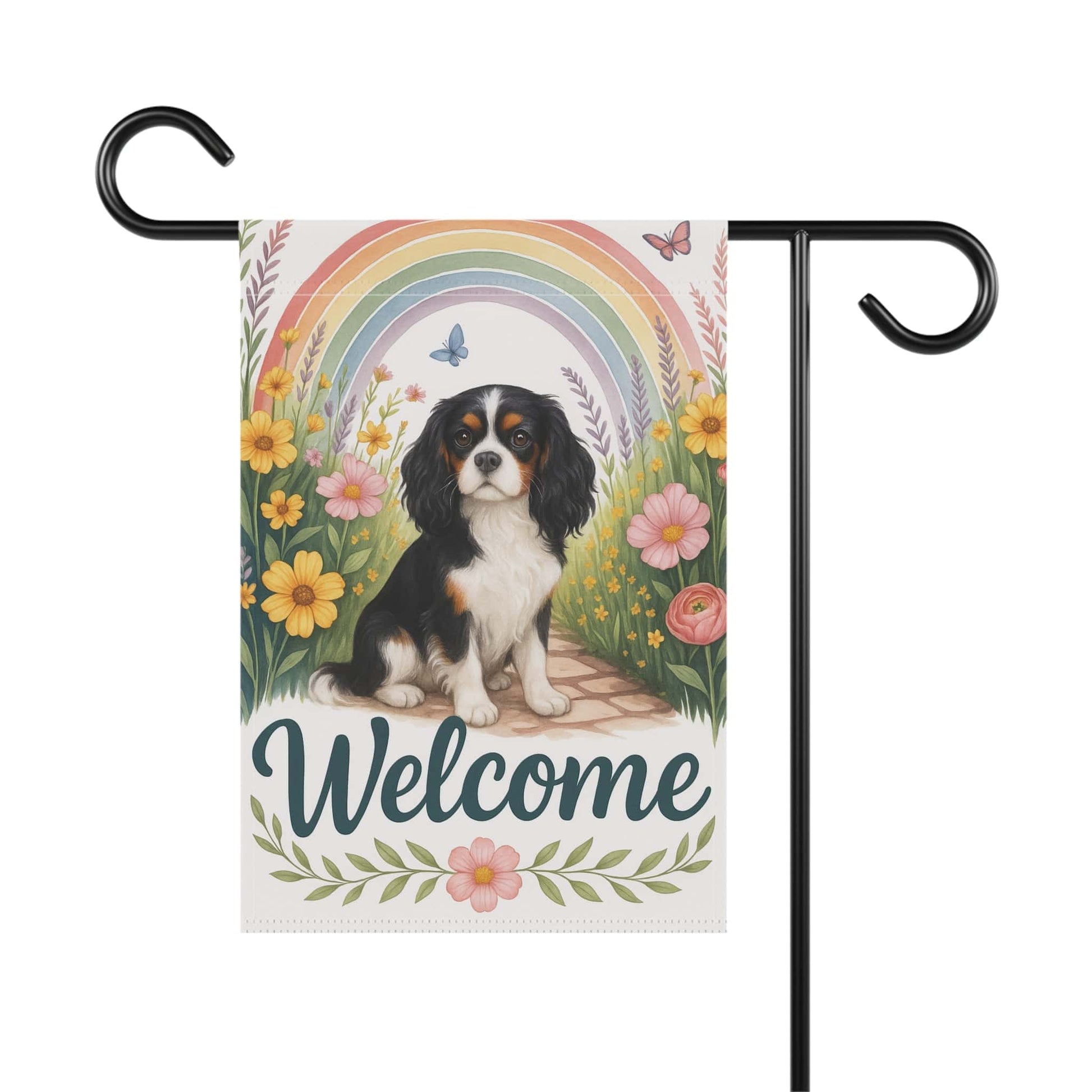 Printify Garden Flag Tricolor King Charles Spaniel Welcome Garden Flag