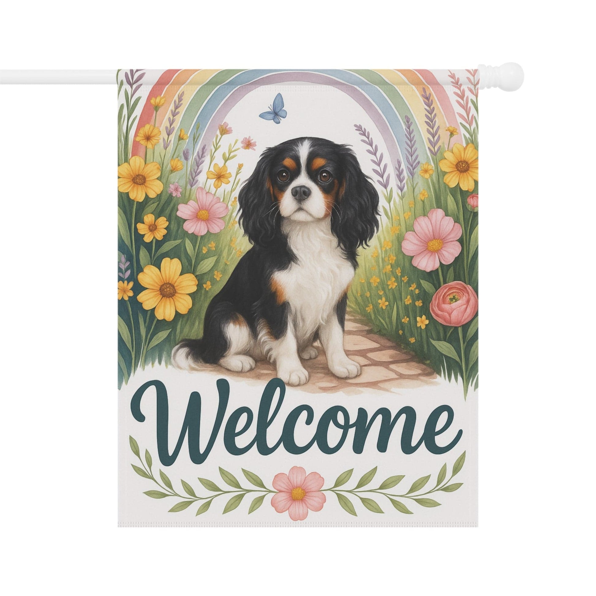 Printify Garden Flag Tricolor King Charles Spaniel Welcome Garden Flag