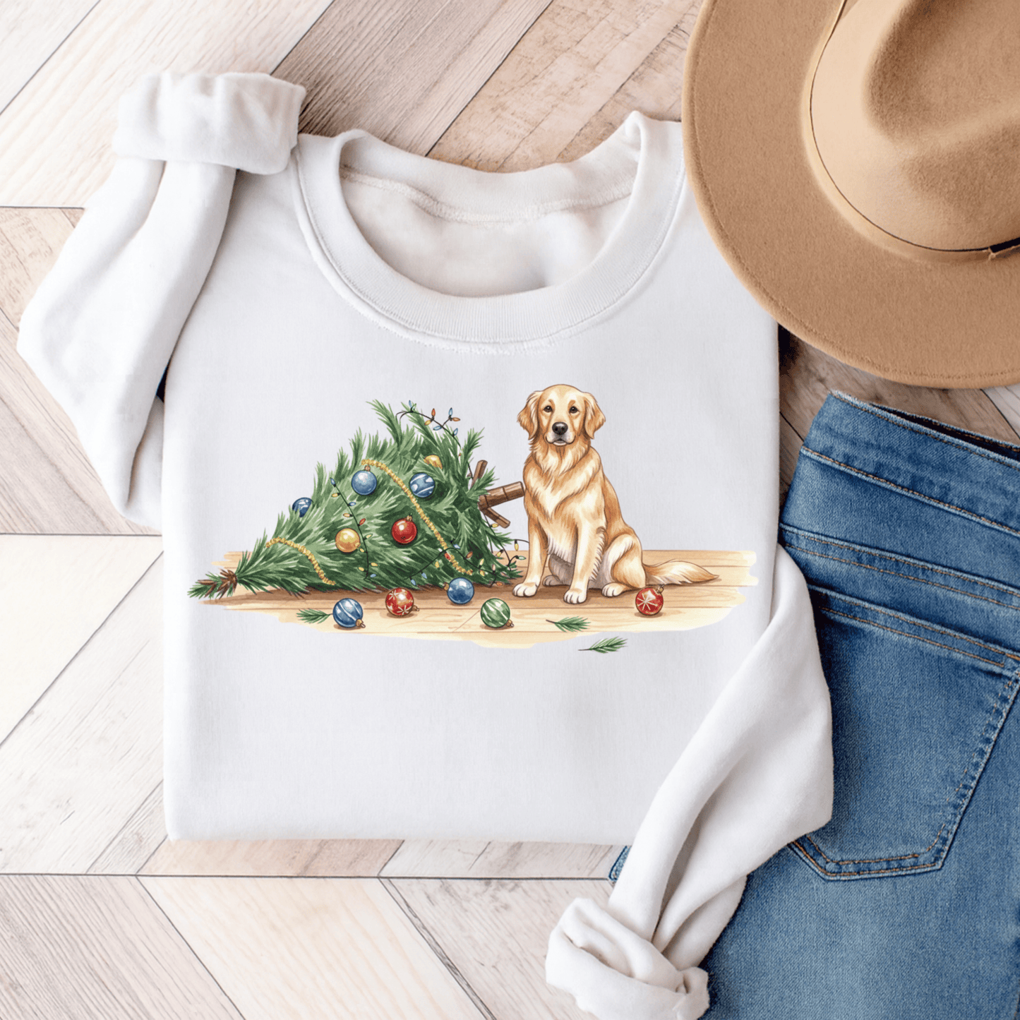 Uh Oh Christmas Golden Retriever Unisex Sweatshirt White