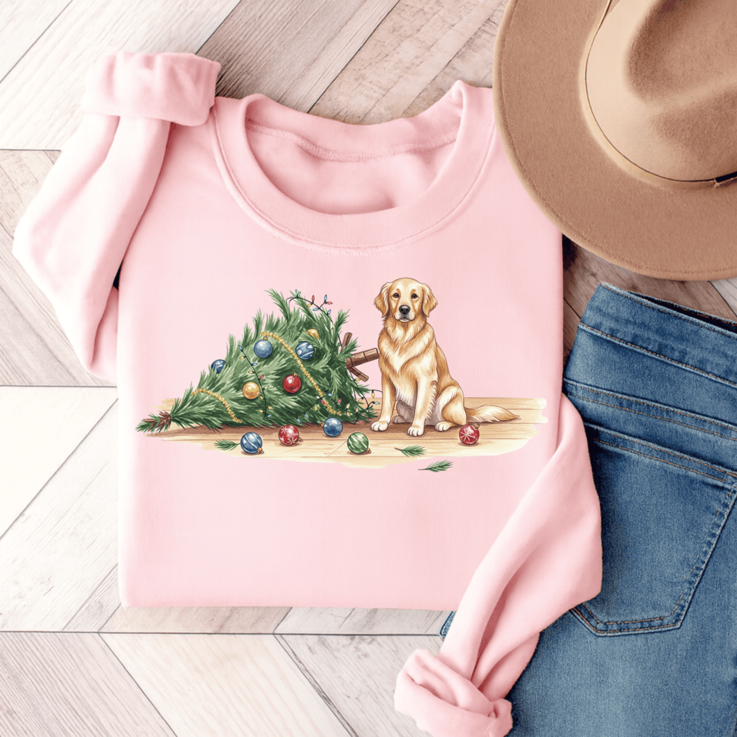 Uh Oh Christmas Golden Retriever Unisex Sweatshirt Light Pink