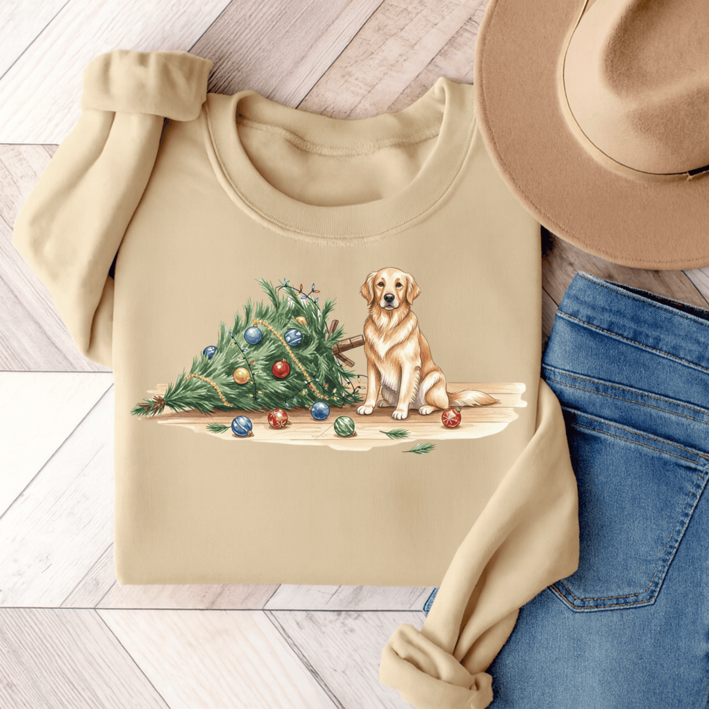 Uh Oh Christmas Golden Retriever Unisex Sweatshirt Sand