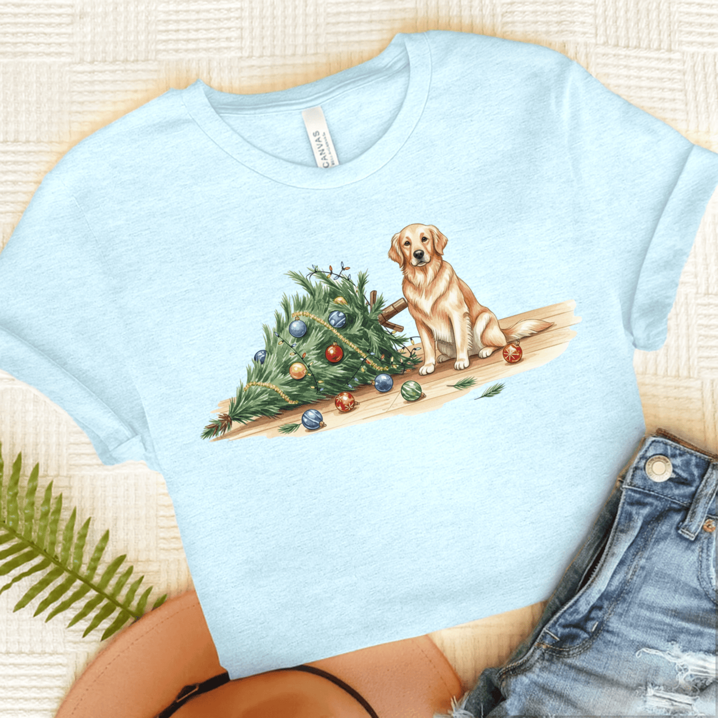 Uh Oh Christmas Golden Retriever Unisex Tshirt Heather Ice Blue