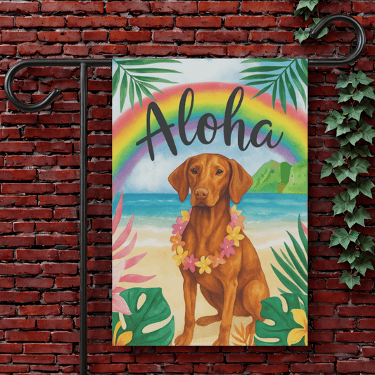 Printify Garden Flag 12'' × 18'' Vizsla Dog Aloha Luau Garden Flag