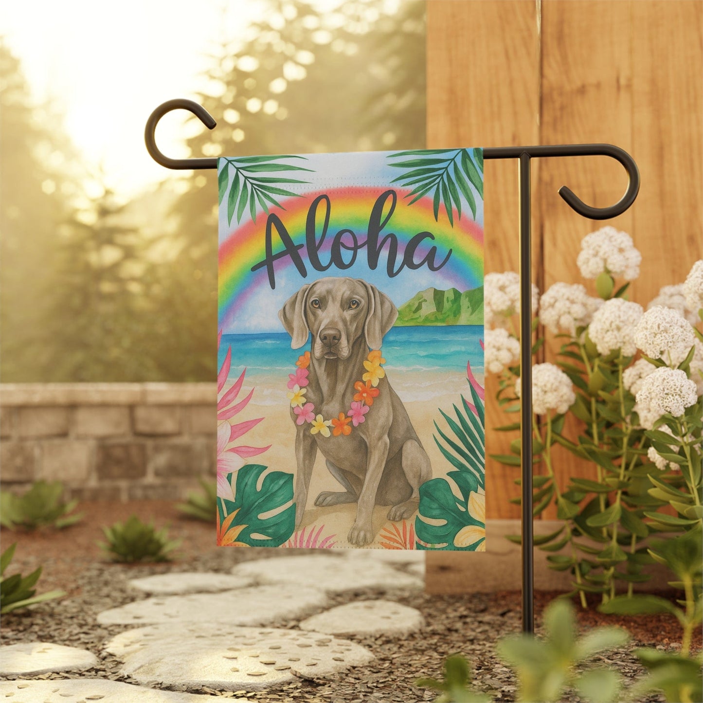 Printify Garden Flag Weimaraner Dog Aloha Luau Garden Flag
