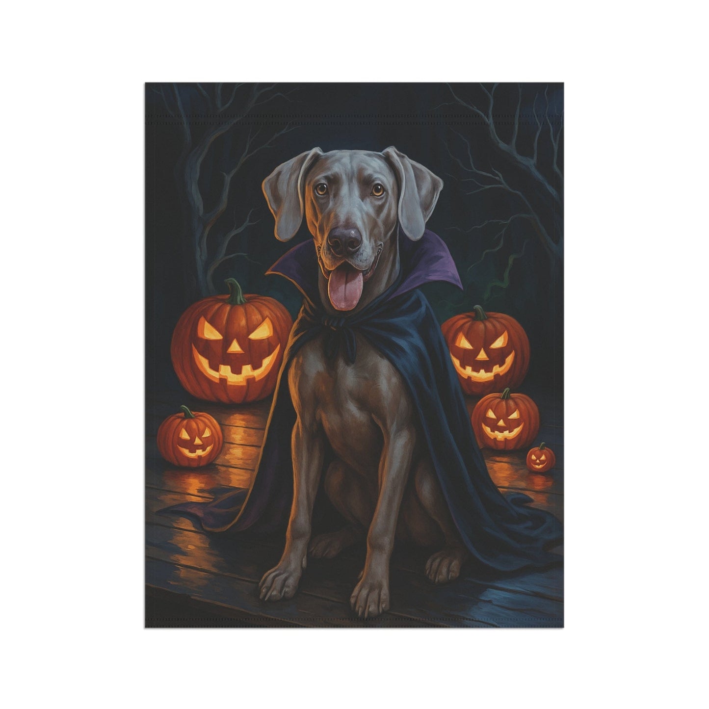 Printify Home Decor Weimaraner Dog Garden Flag – Vampire Pumpkin Yard Banner, Fall Outdoor Decor