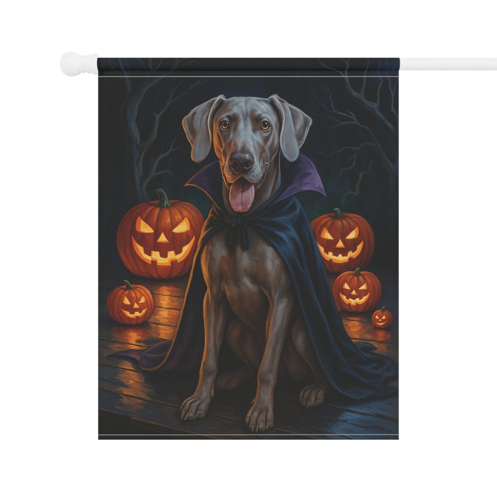 Printify Home Decor Weimaraner Dog Garden Flag – Vampire Pumpkin Yard Banner, Fall Outdoor Decor
