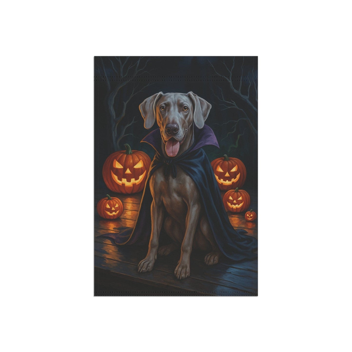 Printify Home Decor Weimaraner Dog Garden Flag – Vampire Pumpkin Yard Banner, Fall Outdoor Decor