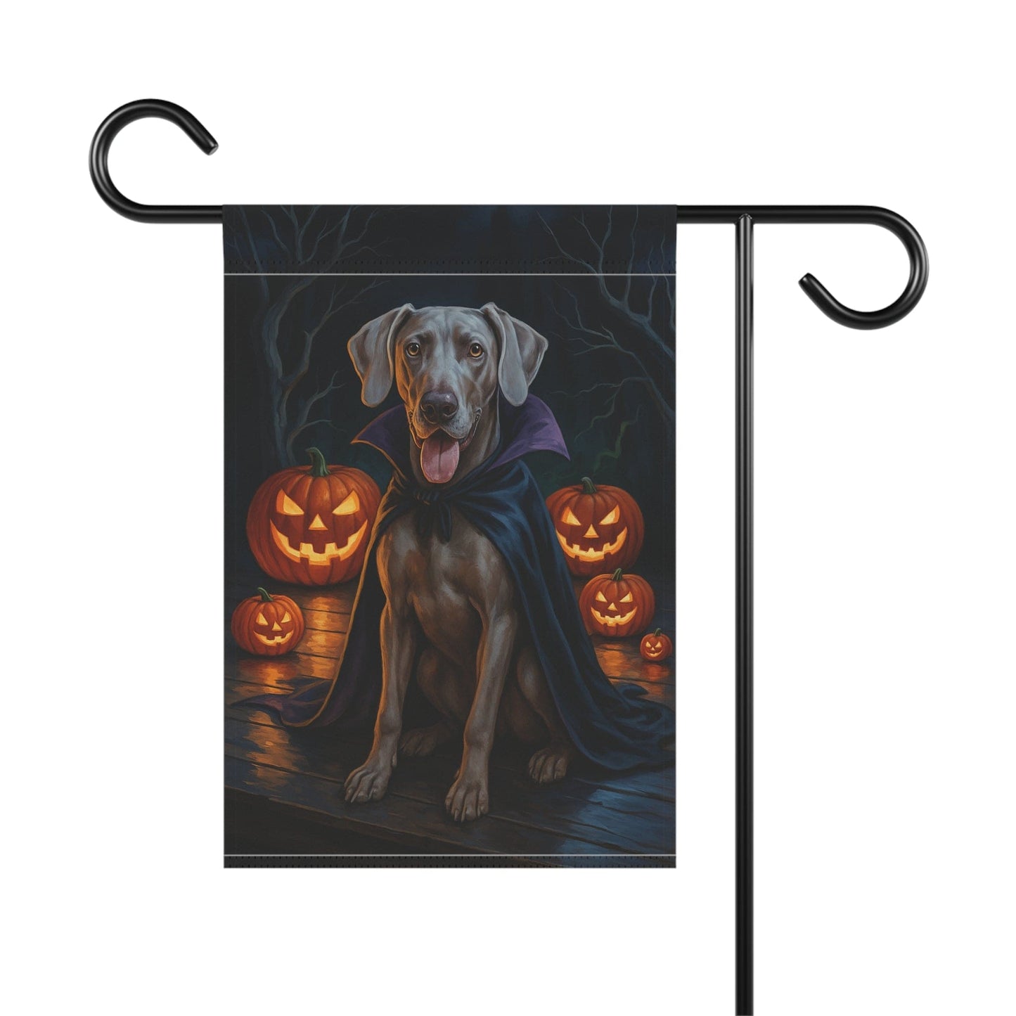 Printify Home Decor Weimaraner Dog Garden Flag – Vampire Pumpkin Yard Banner, Fall Outdoor Decor