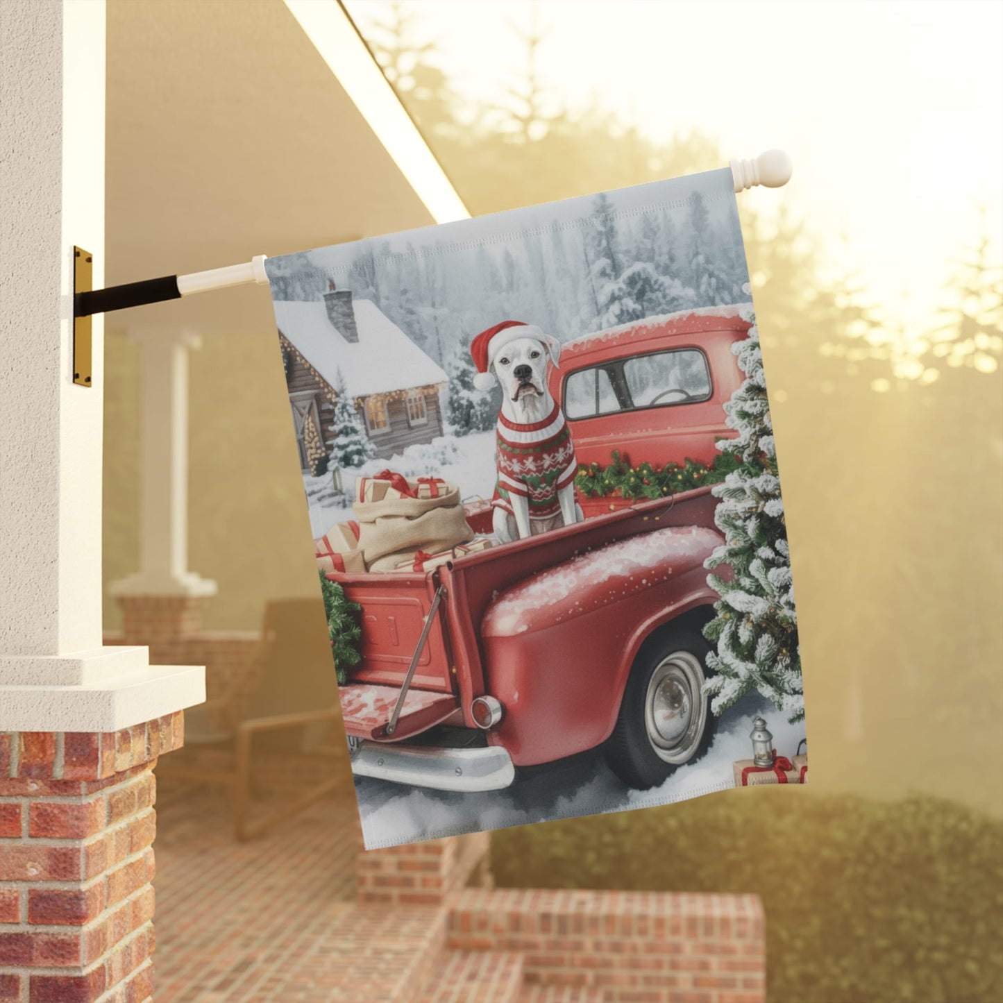 White Boxer Dog Red Truck Christmas Garden Flag