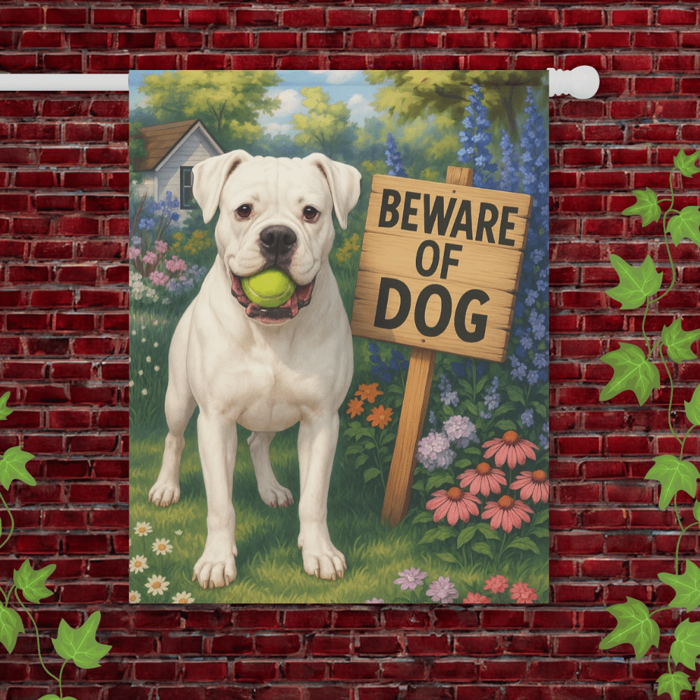 Printify Garden Flag 24.5'' × 32'' White Boxer Funny Beware Dog Garden Flag