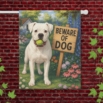 Printify Garden Flag 24.5'' × 32'' White Boxer Funny Beware Dog Garden Flag