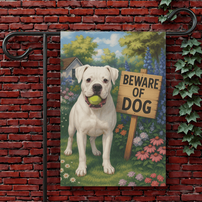 Printify Garden Flag 12'' × 18'' White Boxer Funny Beware Dog Garden Flag