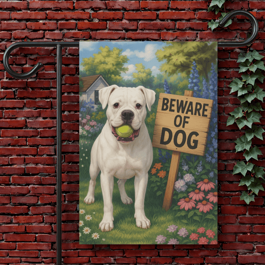 Printify Garden Flag 12'' × 18'' White Boxer Funny Beware Dog Garden Flag