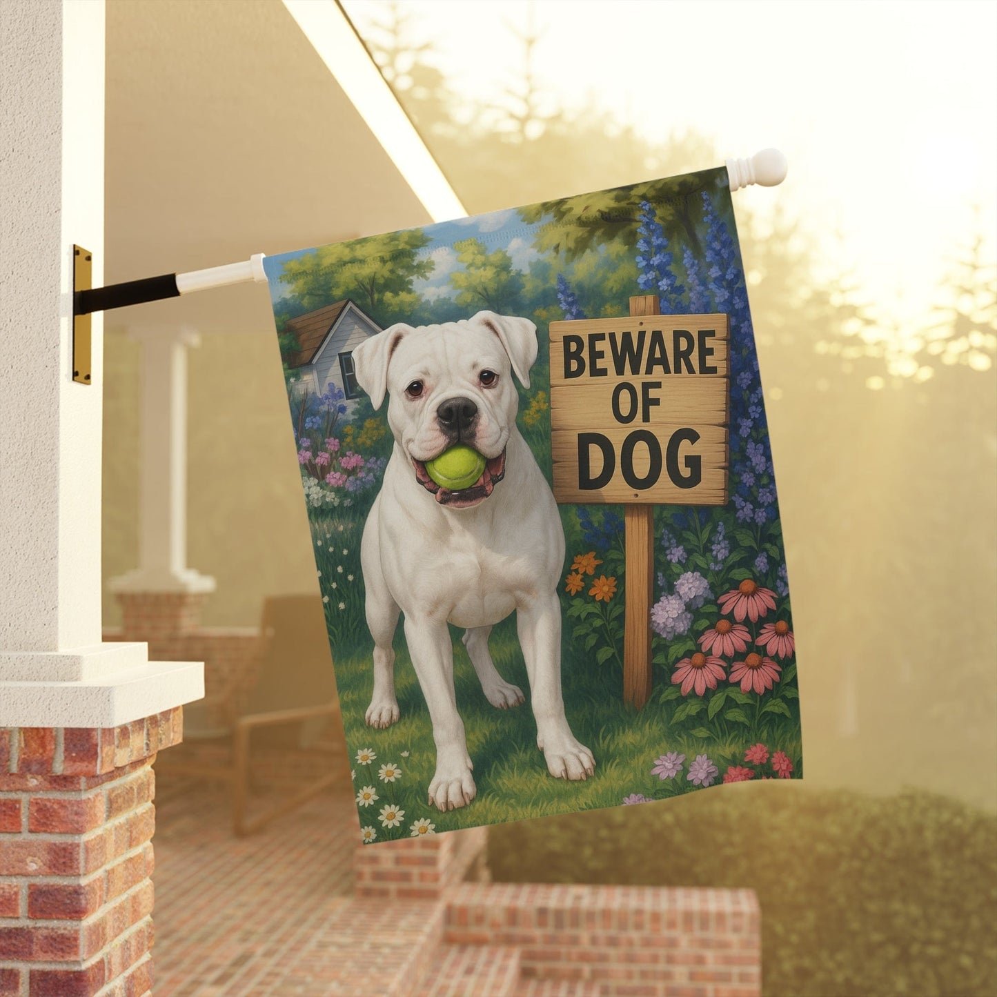 Printify Garden Flag White Boxer Funny Beware Dog Garden Flag