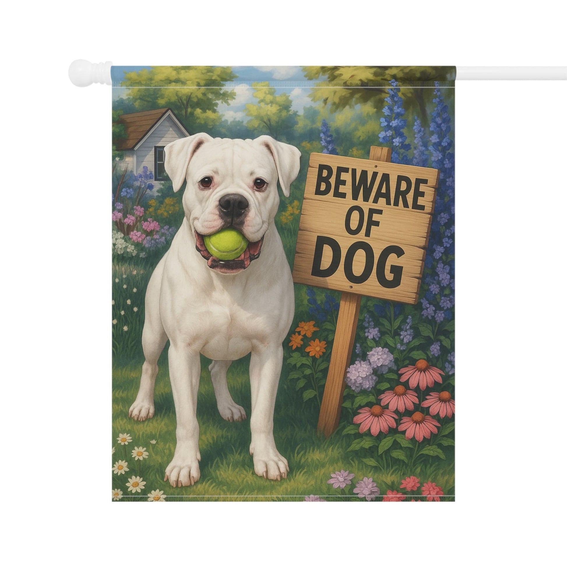 Printify Garden Flag White Boxer Funny Beware Dog Garden Flag