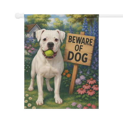 Printify Garden Flag White Boxer Funny Beware Dog Garden Flag
