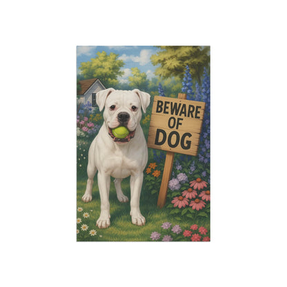 Printify Garden Flag White Boxer Funny Beware Dog Garden Flag