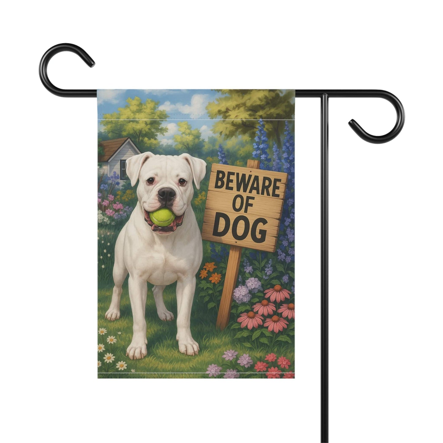 Printify Garden Flag White Boxer Funny Beware Dog Garden Flag