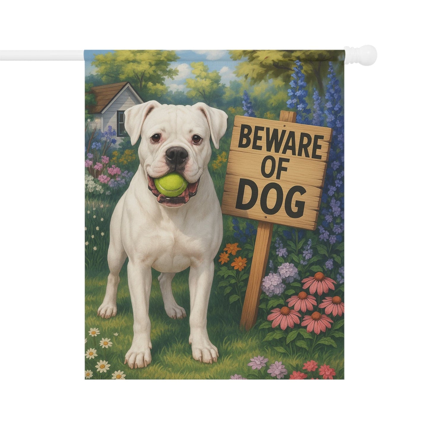 Printify Garden Flag White Boxer Funny Beware Dog Garden Flag