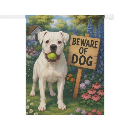 Printify Garden Flag White Boxer Funny Beware Dog Garden Flag