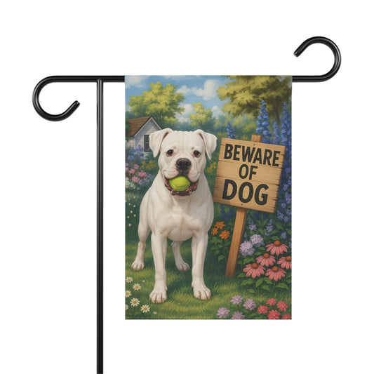 Printify Garden Flag White Boxer Funny Beware Dog Garden Flag