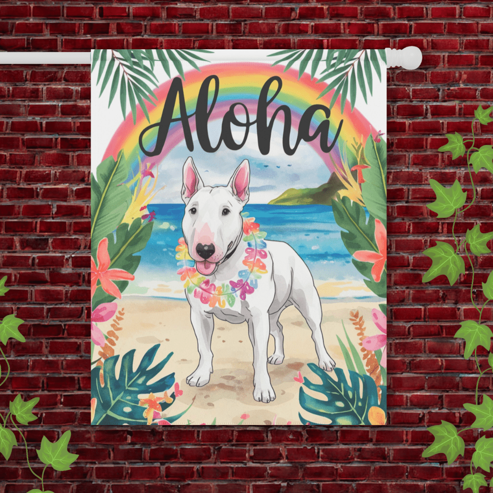 Printify Garden Flag 24.5'' × 32'' White Bull Terrier Aloha Garden Flag