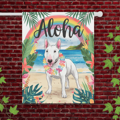Printify Garden Flag 24.5'' × 32'' White Bull Terrier Aloha Garden Flag