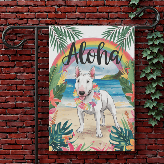 Printify Garden Flag 12'' × 18'' White Bull Terrier Aloha Garden Flag