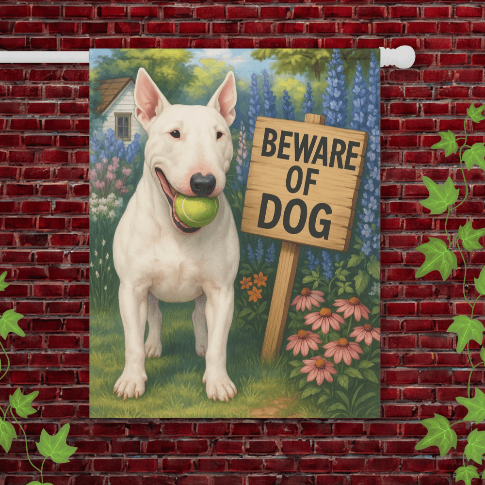Printify Garden Flag 24.5'' × 32'' White Bull Terrier Funny Beware Garden Flag