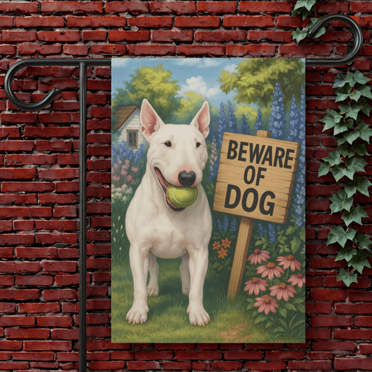 Printify Garden Flag 12'' × 18'' White Bull Terrier Funny Beware Garden Flag