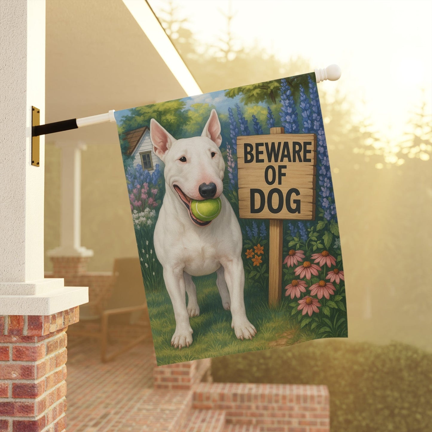 Printify Garden Flag White Bull Terrier Funny Beware Garden Flag