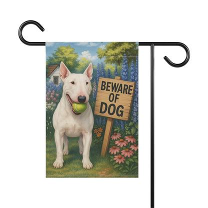 Printify Garden Flag White Bull Terrier Funny Beware Garden Flag