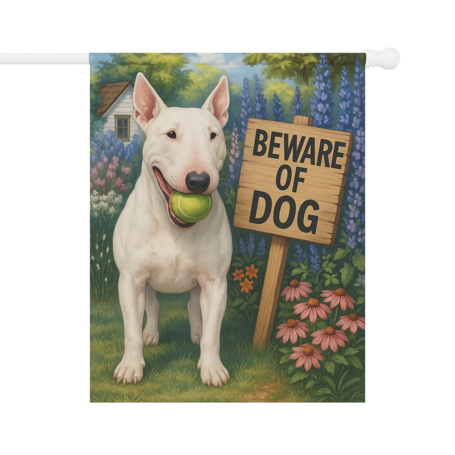 Printify Garden Flag White Bull Terrier Funny Beware Garden Flag