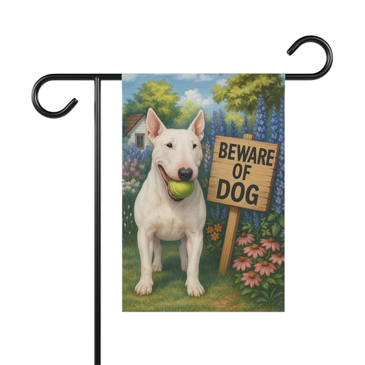 Printify Garden Flag White Bull Terrier Funny Beware Garden Flag