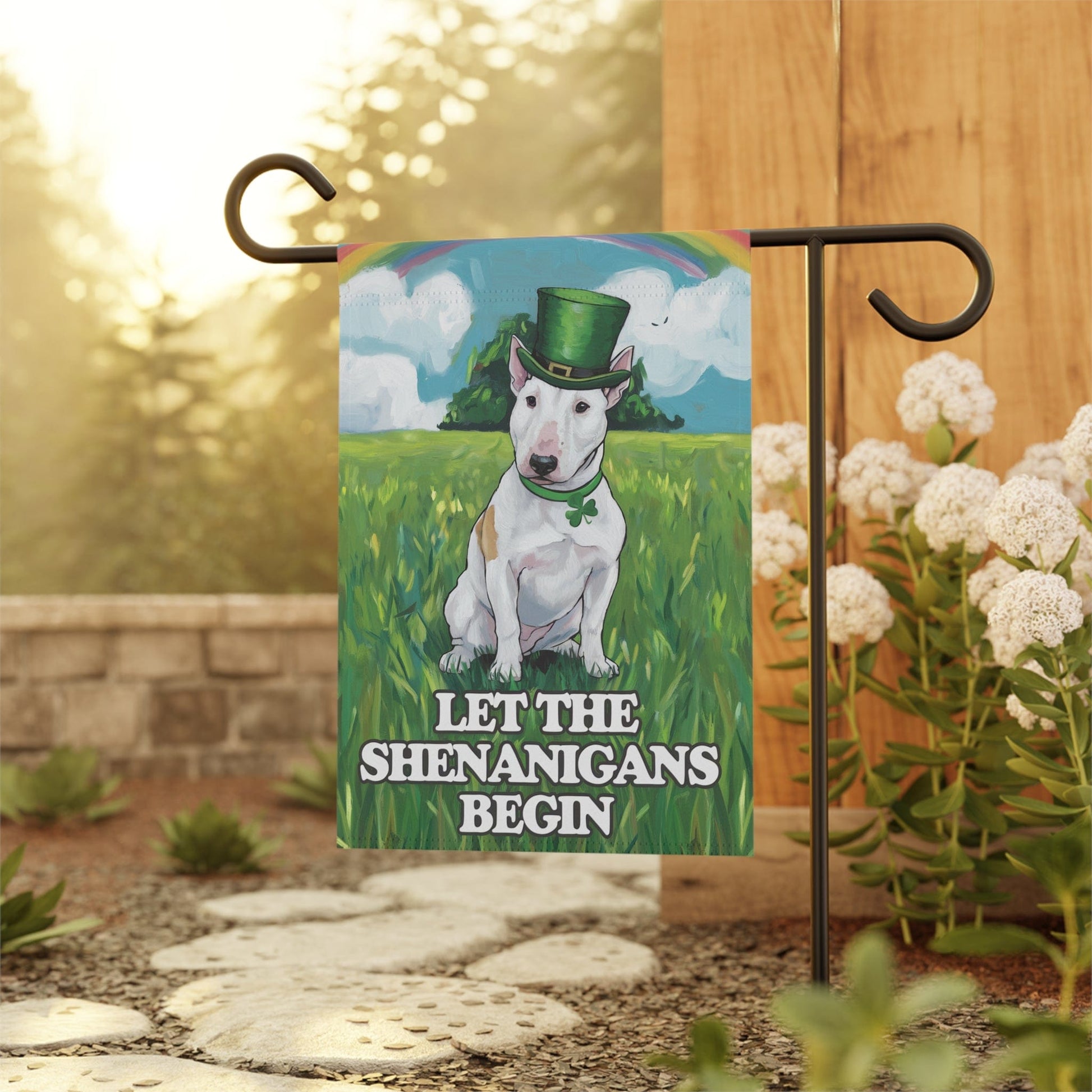 Printify Home Decor 12'' × 18'' White Bull Terrier Garden Flag Saint Patricks Day Funny Dog Lovers Yard Outside Decor