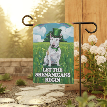 Printify Home Decor 12'' × 18'' White Bull Terrier Garden Flag Saint Patricks Day Funny Dog Lovers Yard Outside Decor