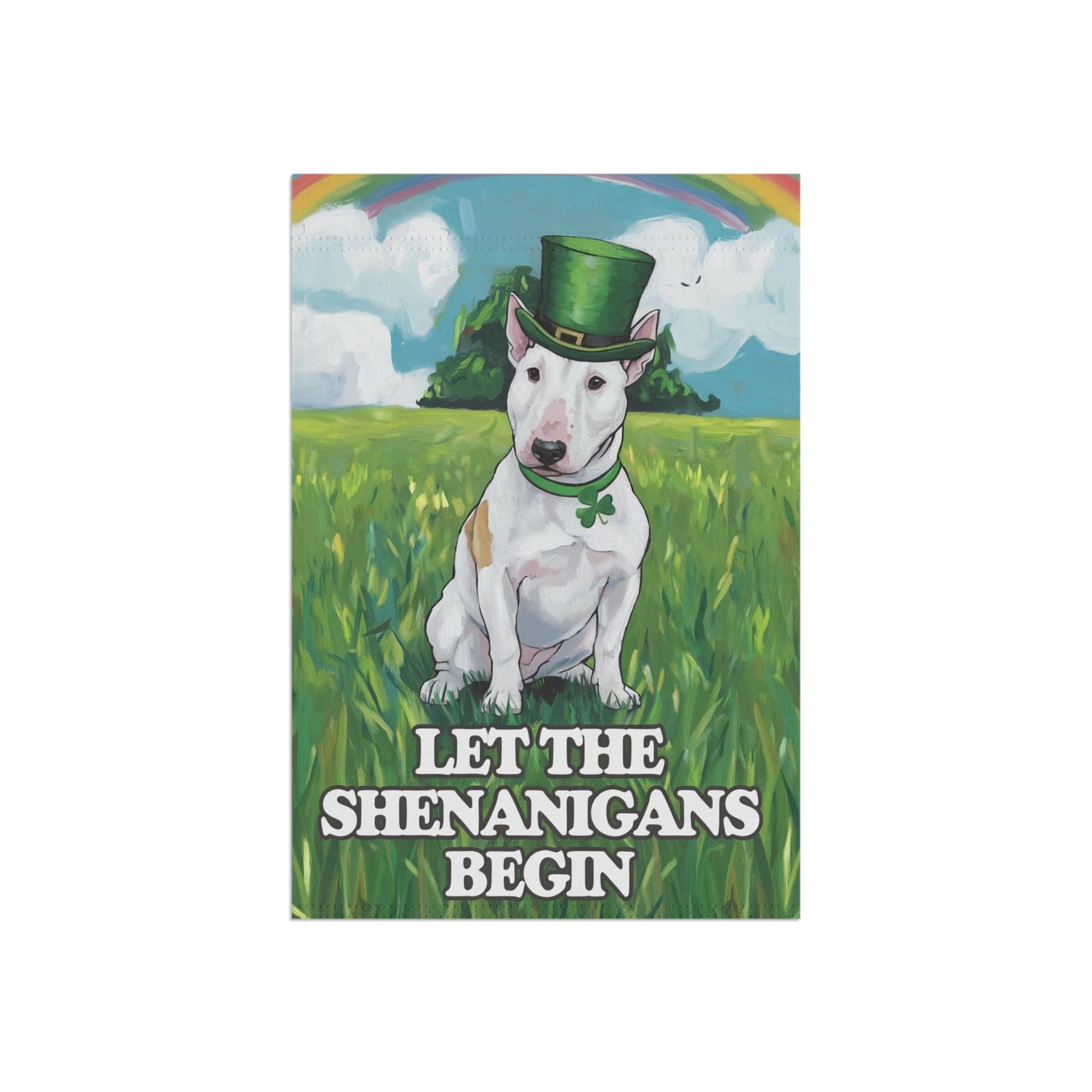 Printify Home Decor 12'' × 18'' White Bull Terrier Garden Flag Saint Patricks Day Funny Dog Lovers Yard Outside Decor