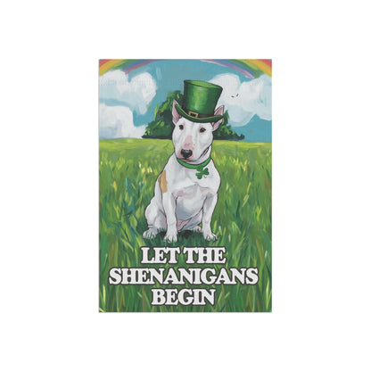 Printify Home Decor 12'' × 18'' White Bull Terrier Garden Flag Saint Patricks Day Funny Dog Lovers Yard Outside Decor