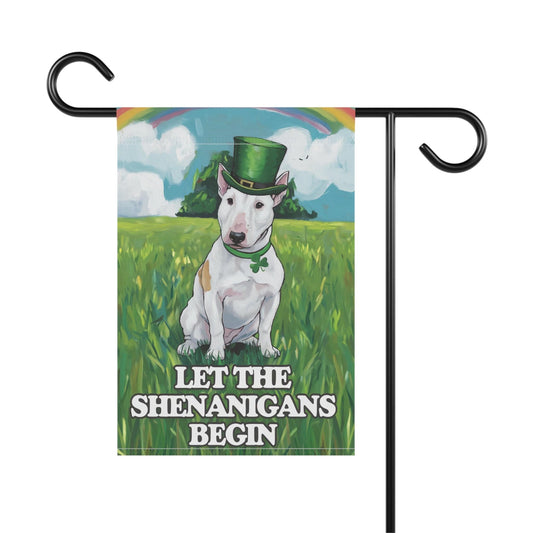 Printify Home Decor 12'' × 18'' White Bull Terrier Garden Flag Saint Patricks Day Funny Dog Lovers Yard Outside Decor