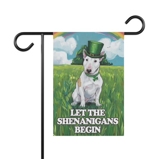 Printify Home Decor 12'' × 18'' White Bull Terrier Garden Flag Saint Patricks Day Funny Dog Lovers Yard Outside Decor