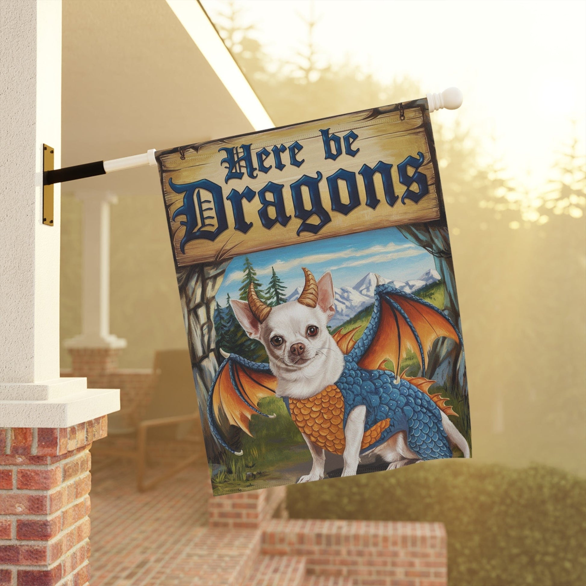 Printify Home Decor White Chihuahua Dog Dragon Garden Flag, Fantasy Pet Yard Spring Decor, Housewarming Gardener Gift, Halloween