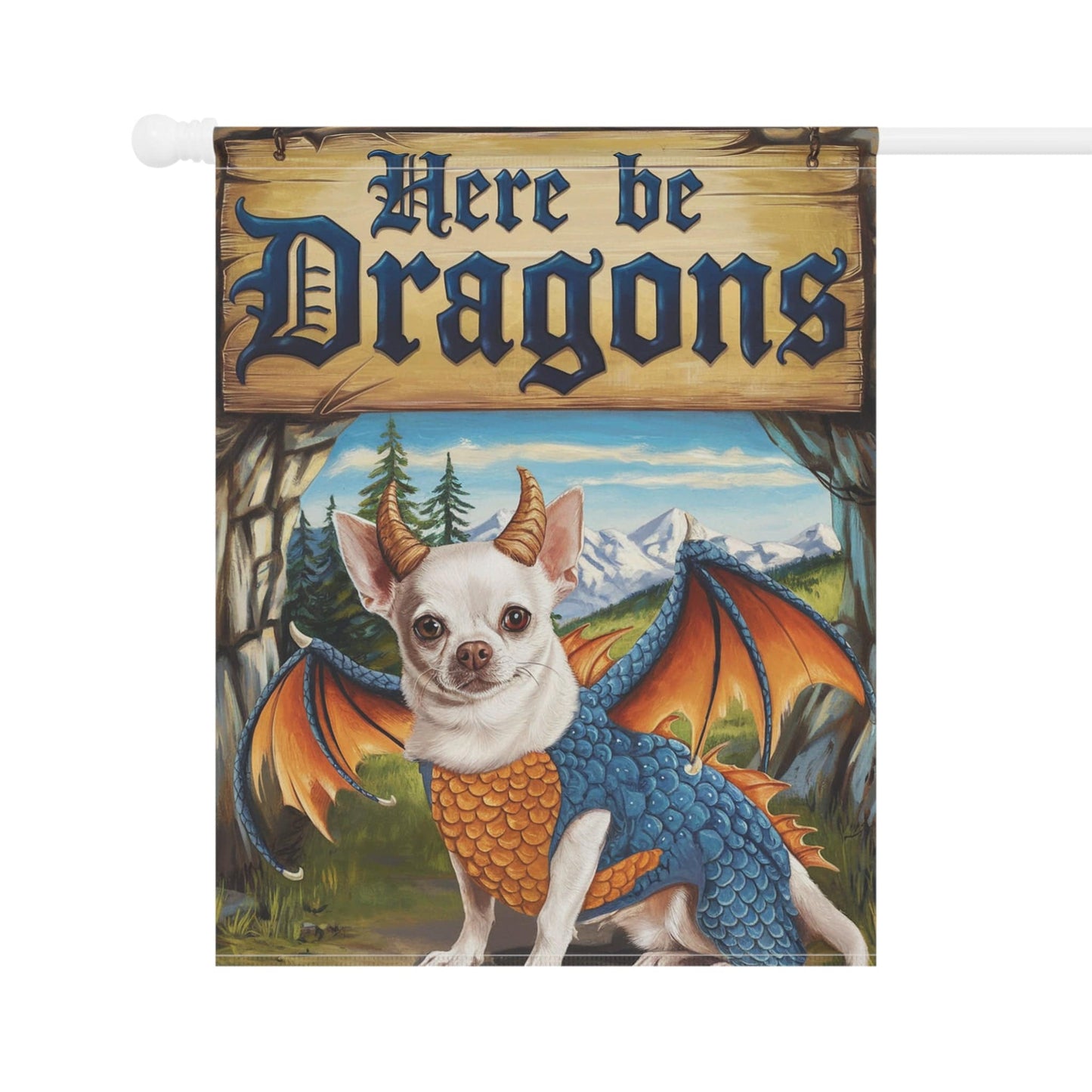 Printify Home Decor White Chihuahua Dog Dragon Garden Flag, Fantasy Pet Yard Spring Decor, Housewarming Gardener Gift, Halloween